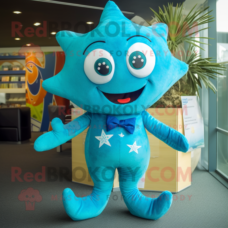 Turquoise Starfish mascot costume character dressed with a Playsuit and Tie pins Turquoise Starfish mascot costume character dressed with a Playsuit and Tie pins
