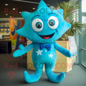 Turquoise Starfish mascot costume character dressed with a Playsuit and Tie pins