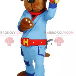 Dog mascot in blue work clothes. Dog costume - Redbrokoly.com