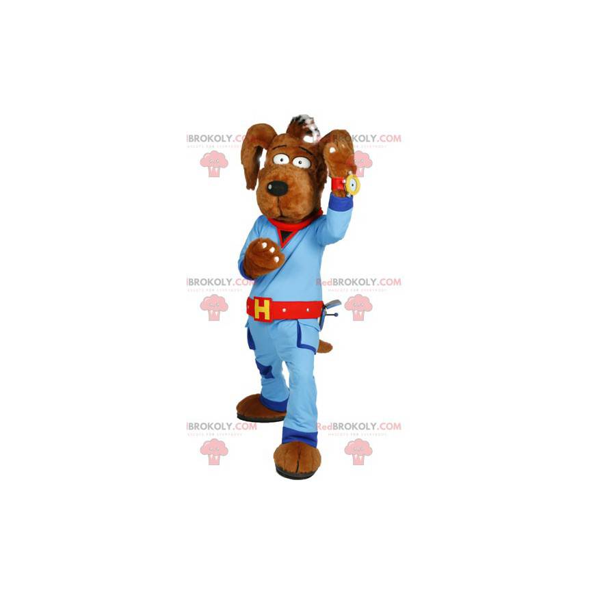 Mascote do cão com roupa de trabalho azul. Fantasia de cachorro Mascote do cão com roupa de trabalho azul. Fantasia de cachorro