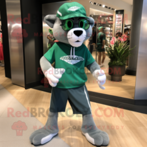 Green Puma mascot costume character dressed with a Bermuda Shorts and Shoe clips