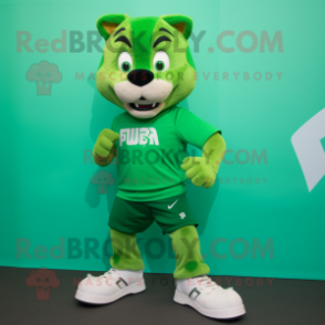 Green Puma mascot costume character dressed with a Bermuda Shorts and Shoe clips