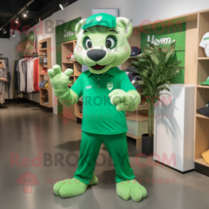 Green Puma mascot costume character dressed with a Bermuda Shorts and Shoe clips