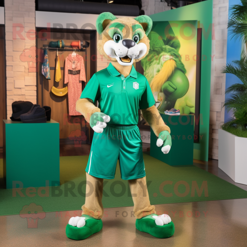 Green Puma mascot costume character dressed with a Bermuda Shorts and Shoe clips