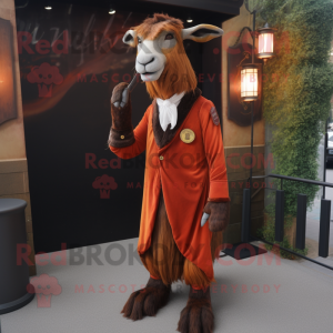 Rust Boer Goat mascot costume character dressed with a Dress Pants and Brooches