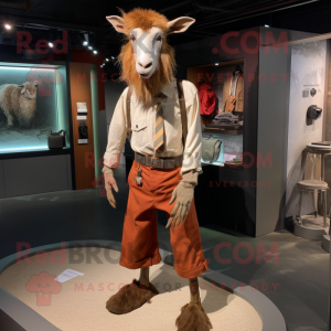 Rust Boer Goat mascot costume character dressed with a Dress Pants and Brooches