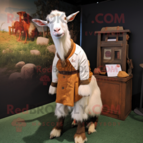 Rust Boer Goat mascot costume character dressed with a Dress Pants and Brooches