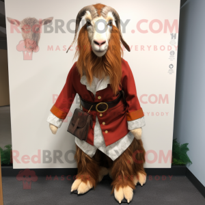 Rust Boer Goat mascot costume character dressed with a Dress Pants and Brooches