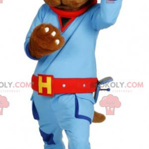 Dog mascot in blue work clothes. Dog costume - Redbrokoly.com