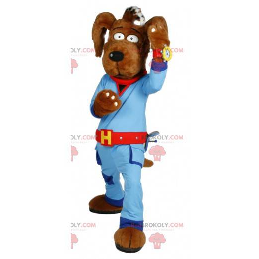 Hundemaskottchen in blauer Arbeitskleidung. Hundekostüm -