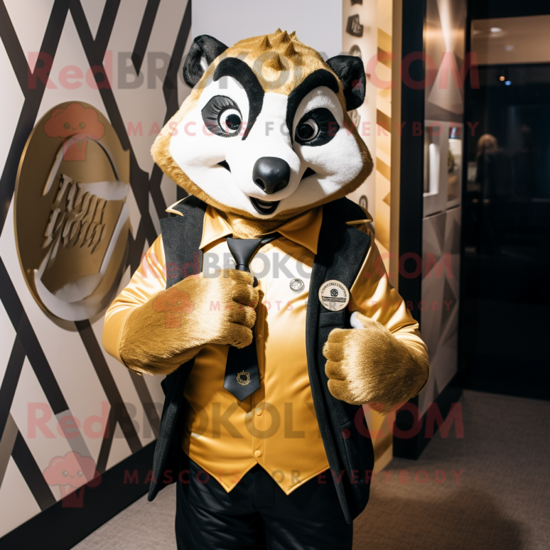 Gold Badger mascot costume character dressed with a Graphic Tee and Tie pins