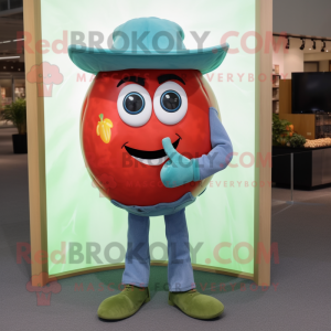 Teal Tomato mascot costume character dressed with a Bootcut Jeans and Belts