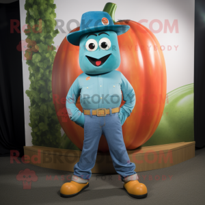Teal Tomato mascot costume character dressed with a Bootcut Jeans and Belts