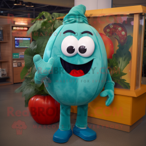 Teal Tomato mascot costume character dressed with a Bootcut Jeans and Belts