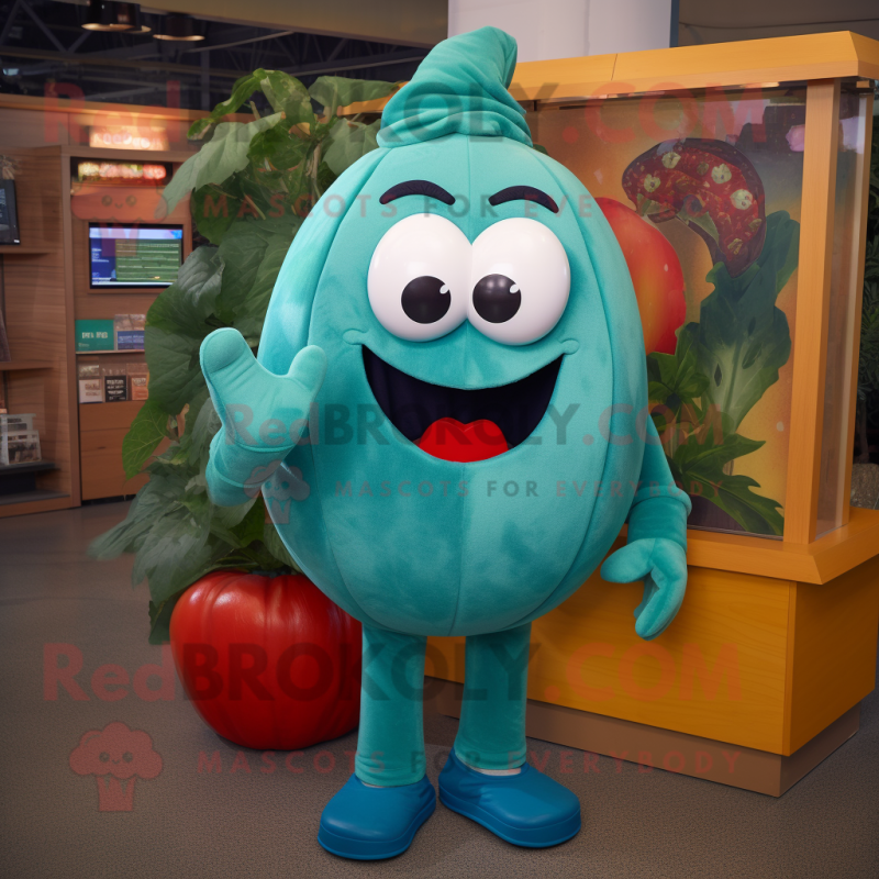 Teal Tomato mascot costume character dressed with a Bootcut Jeans and Belts Teal Tomato mascot costume character dressed with a Bootcut Jeans and Belts