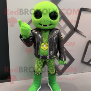 Lime Green Celtic Cross mascot costume character dressed with a Moto Jacket and Bracelets