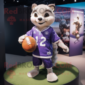 Lavender Marten mascot costume character dressed with a Rugby Shirt and Coin purses