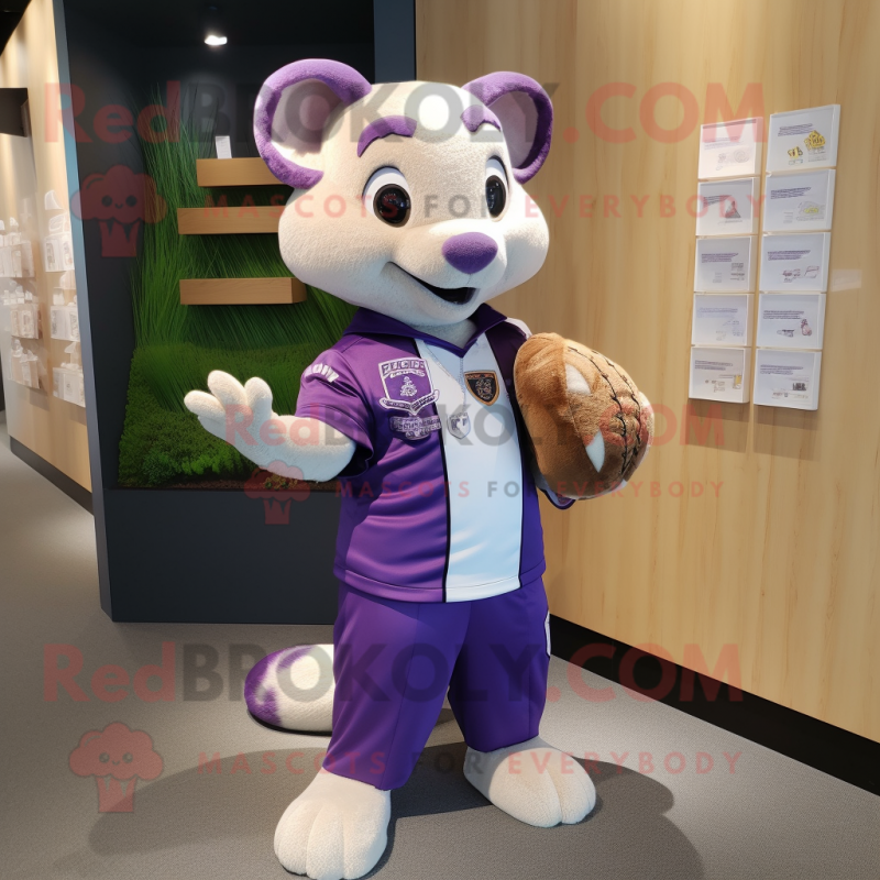 Lavender Marten mascot costume character dressed with a Rugby Shirt and Coin purses