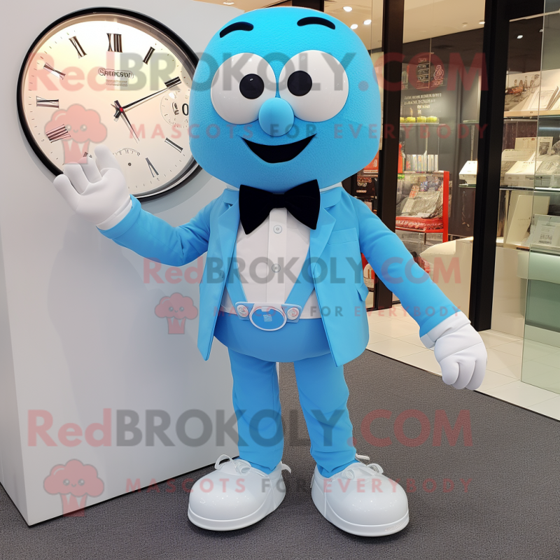 Sky Blue Wrist Watch mascot costume character dressed with a Romper and Bow ties Sky Blue Wrist Watch mascot costume character dressed with a Romper and Bow ties