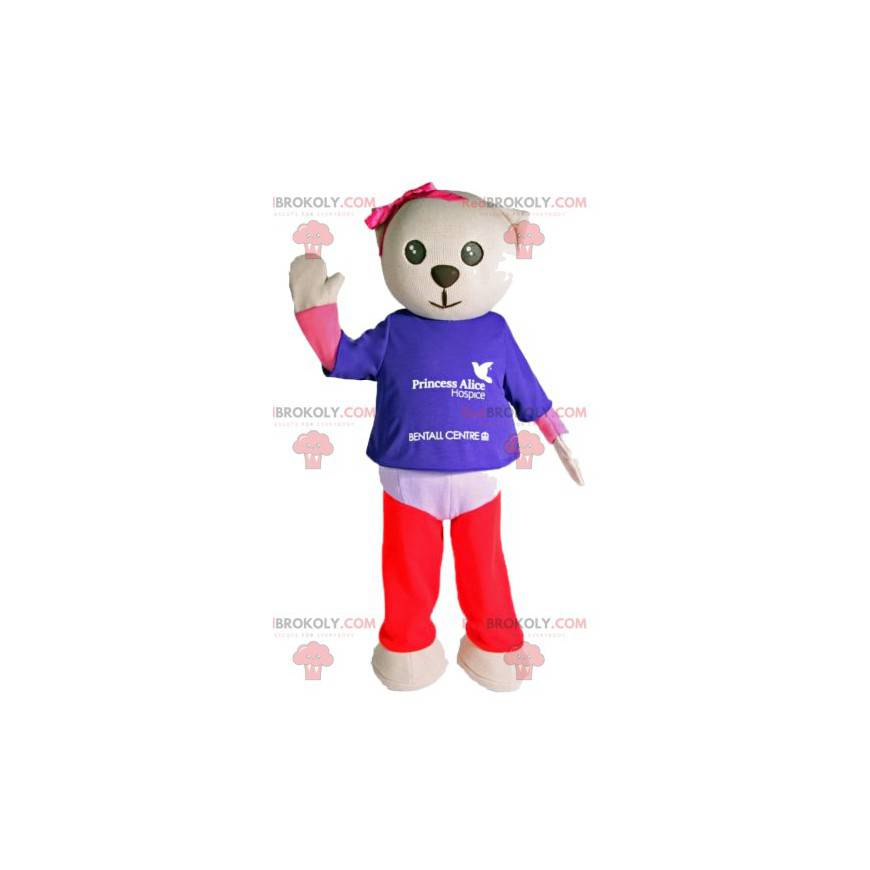 Kleine crème teddybeer mascotte met een mooie roze strik. -