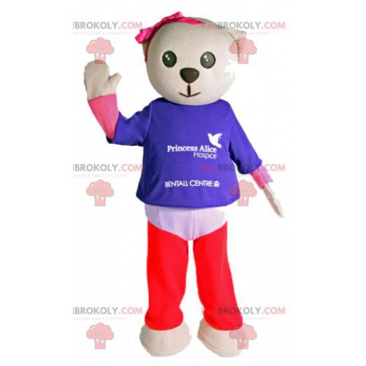 Kleine crème teddybeer mascotte met een mooie roze strik. -