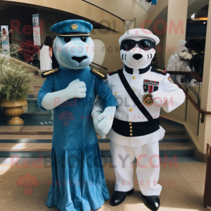 Turquoise Navy Seal mascot costume character dressed with a Wedding Dress and Suspenders