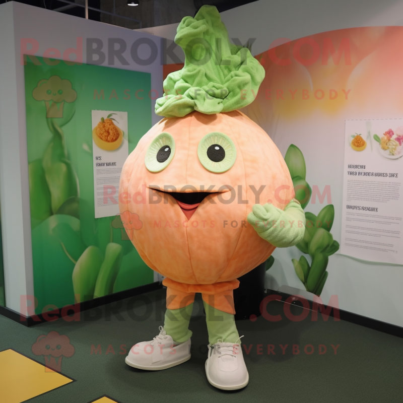 Peach Cabbage mascot costume character dressed with a Jumpsuit and Tie pins