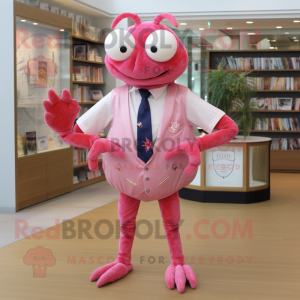 Pink Crab mascot costume character dressed with a Oxford Shirt and Pocket squares