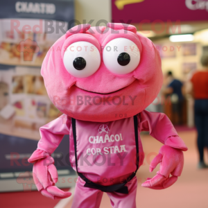 Pink Crab mascot costume character dressed with a Oxford Shirt and Pocket squares