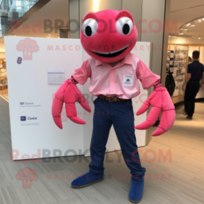 Pink Crab mascot costume character dressed with a Oxford Shirt and Pocket squares