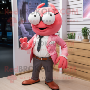 Pink Crab mascot costume character dressed with a Oxford Shirt and Pocket squares