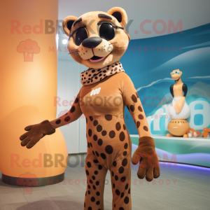 Brown Cheetah mascot costume character dressed with a One-Piece Swimsuit and Headbands