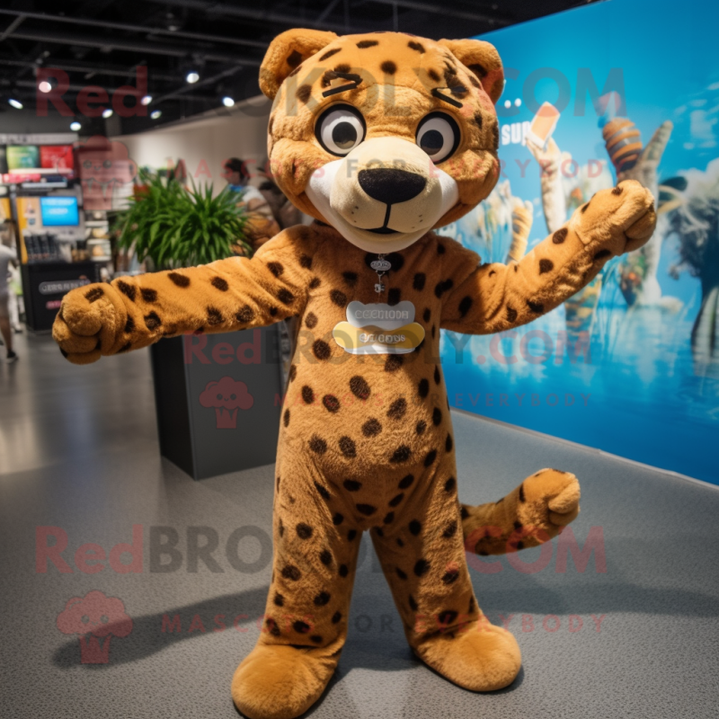 Brown Cheetah mascot costume character dressed with a One-Piece Swimsuit and Headbands