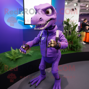 Purple Velociraptor mascot costume character dressed with a Turtleneck and Smartwatches