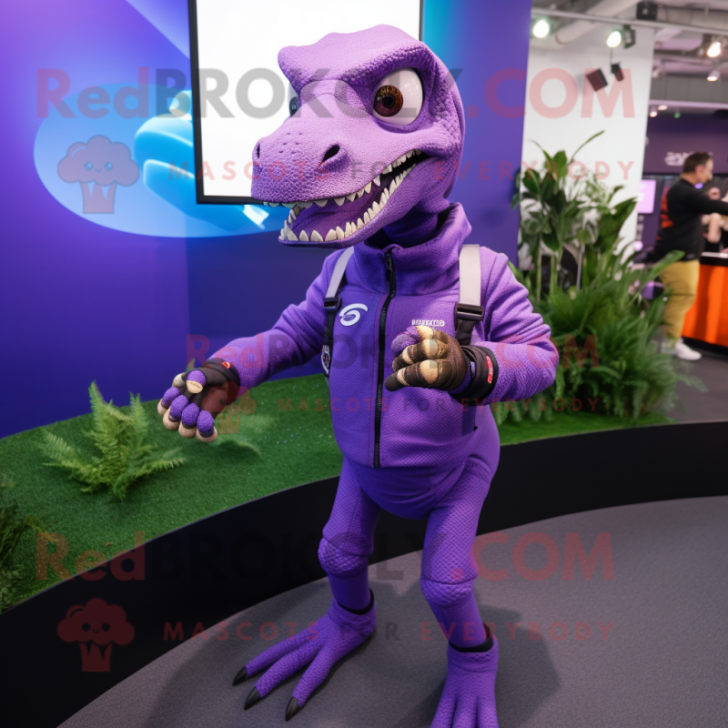 Purple Velociraptor mascot costume character dressed with a Turtleneck and Smartwatches Purple Velociraptor mascot costume character dressed with a Turtleneck and Smartwatches