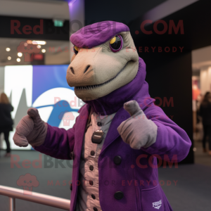 Purple Velociraptor mascot costume character dressed with a Turtleneck and Smartwatches