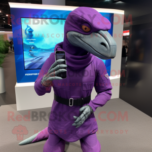 Purple Velociraptor mascot costume character dressed with a Turtleneck and Smartwatches