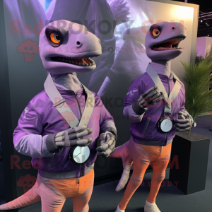 Purple Velociraptor mascot costume character dressed with a Turtleneck and Smartwatches