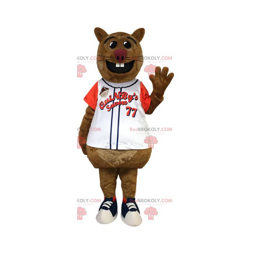 Brown rat mascot in a sports jersey. Rat costume -