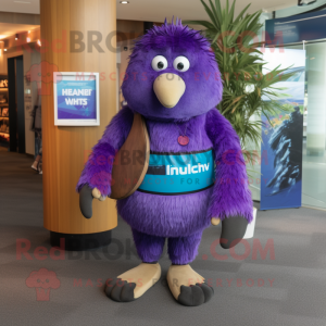 Purple Kiwi mascot costume character dressed with a Rash Guard and Wraps