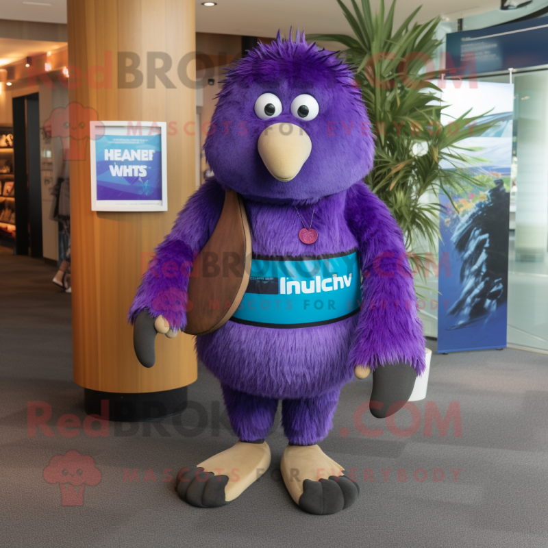 Purple Kiwi mascot costume character dressed with a Rash Guard and Wraps