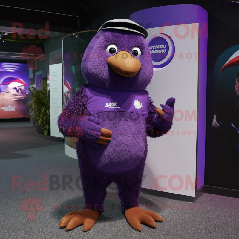 Purple Kiwi mascot costume character dressed with a Rash Guard and Wraps Purple Kiwi mascot costume character dressed with a Rash Guard and Wraps