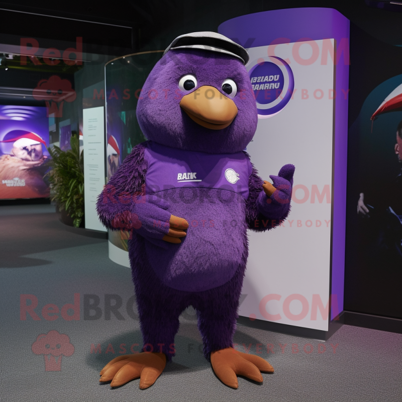 Purple Kiwi mascot costume character dressed with a Rash Guard and Wraps