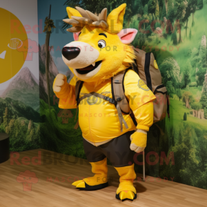 Yellow Wild Boar mascot costume character dressed with a Graphic Tee and Backpacks