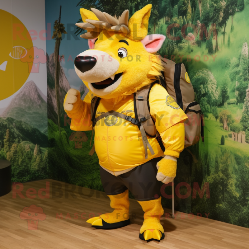 Yellow Wild Boar mascot costume character dressed with a Graphic Tee and Backpacks Yellow Wild Boar mascot costume character dressed with a Graphic Tee and Backpacks