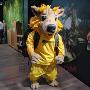 Yellow Wild Boar mascot costume character dressed with a Graphic Tee and Backpacks