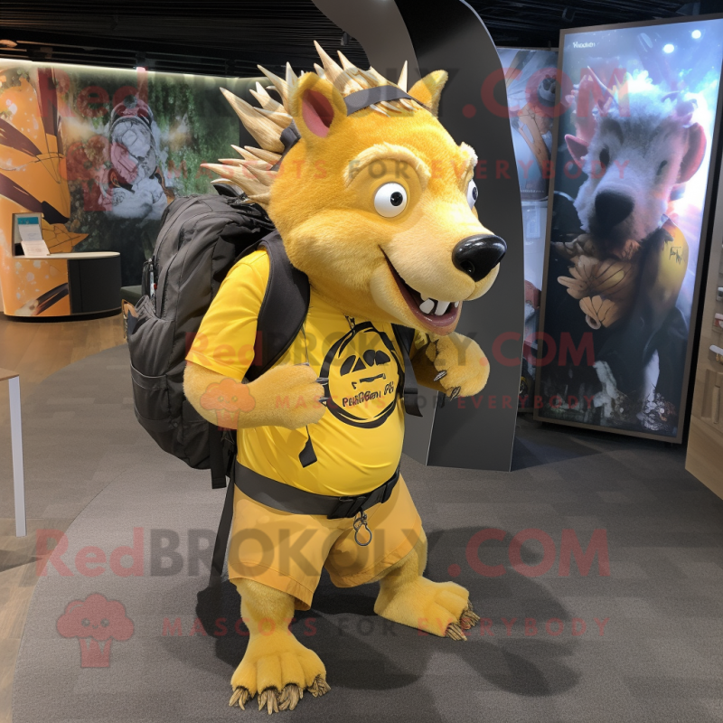Yellow Wild Boar mascot costume character dressed with a Graphic Tee and Backpacks Yellow Wild Boar mascot costume character dressed with a Graphic Tee and Backpacks