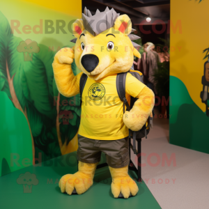 Yellow Wild Boar mascot costume character dressed with a Graphic Tee and Backpacks