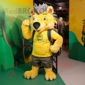 Yellow Wild Boar mascot costume character dressed with a Graphic Tee and Backpacks
