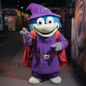 Purple Wizard mascot costume character dressed with a Turtleneck and Backpacks